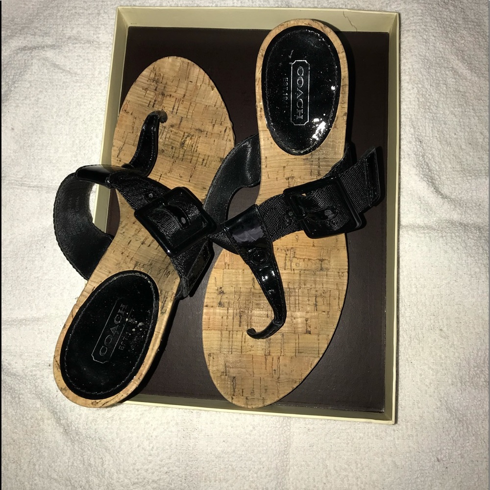 COACH Black Cork Wedge Sandals